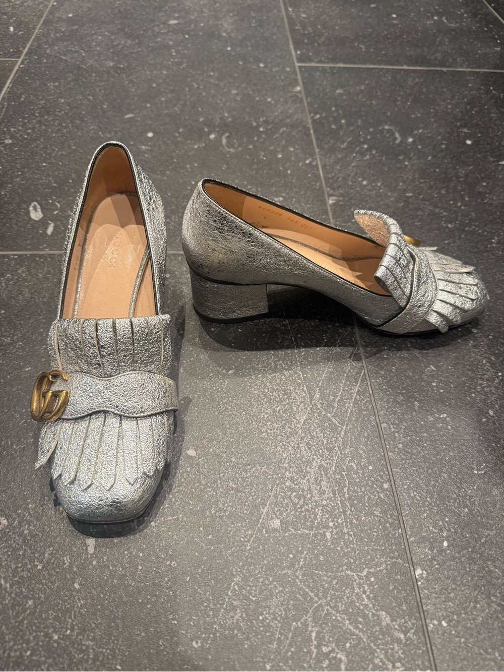 Authentic GUCCI metallic Silver Fringe Loafer Heels